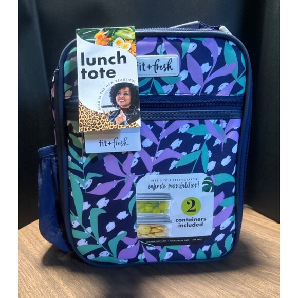 Fit + Fresh Insulated Lunch Tote With 2 Containers Floral Design Purple & Blue C - Picture 1 of 15